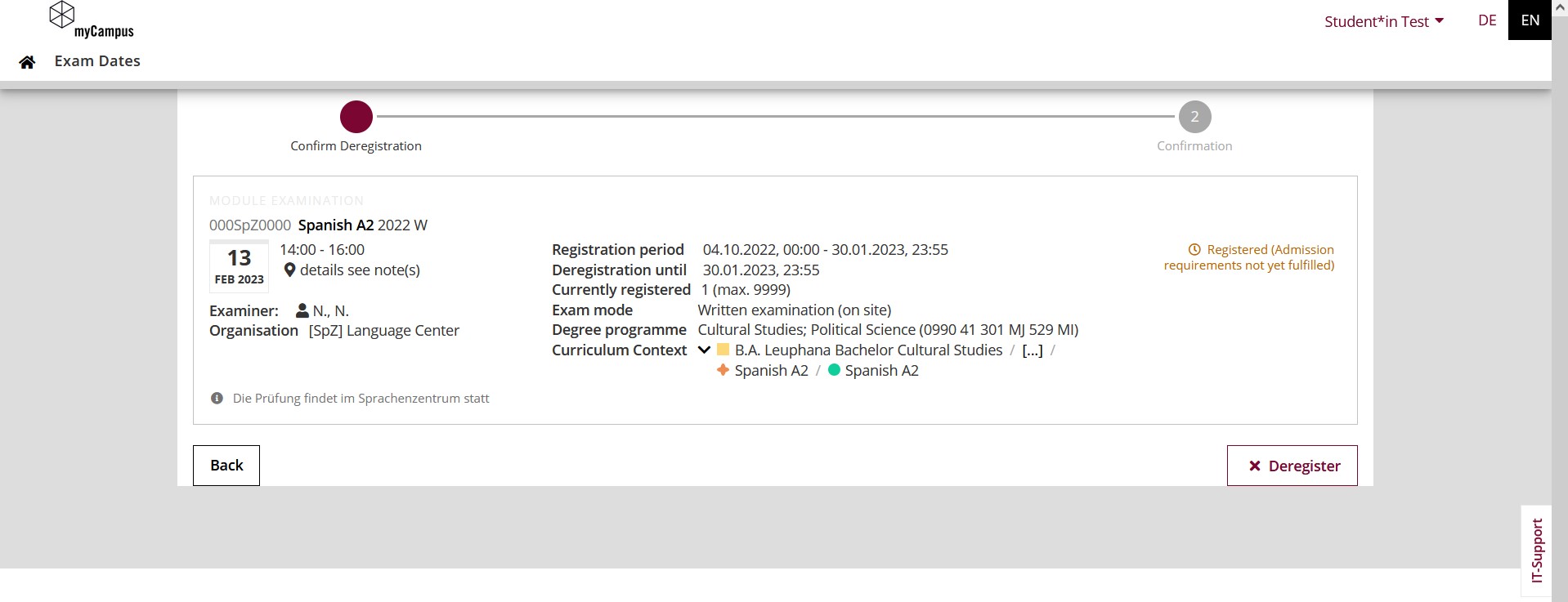 Deregistration from exam date