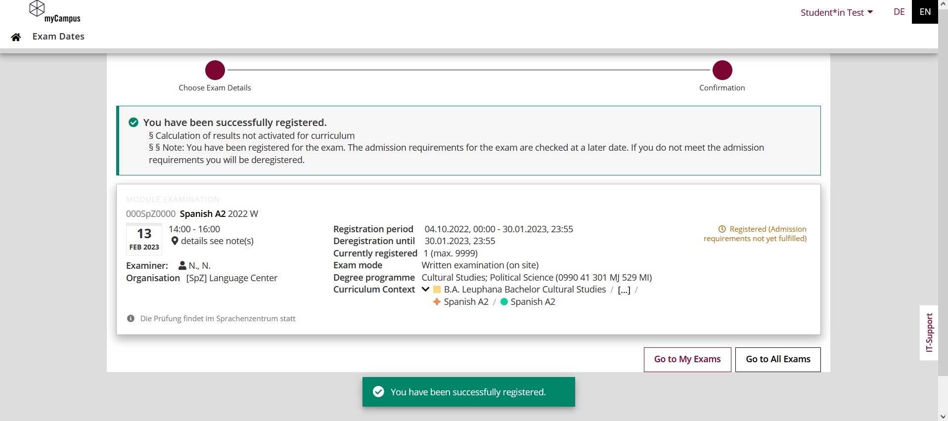 Confirmation of registration for the exam date