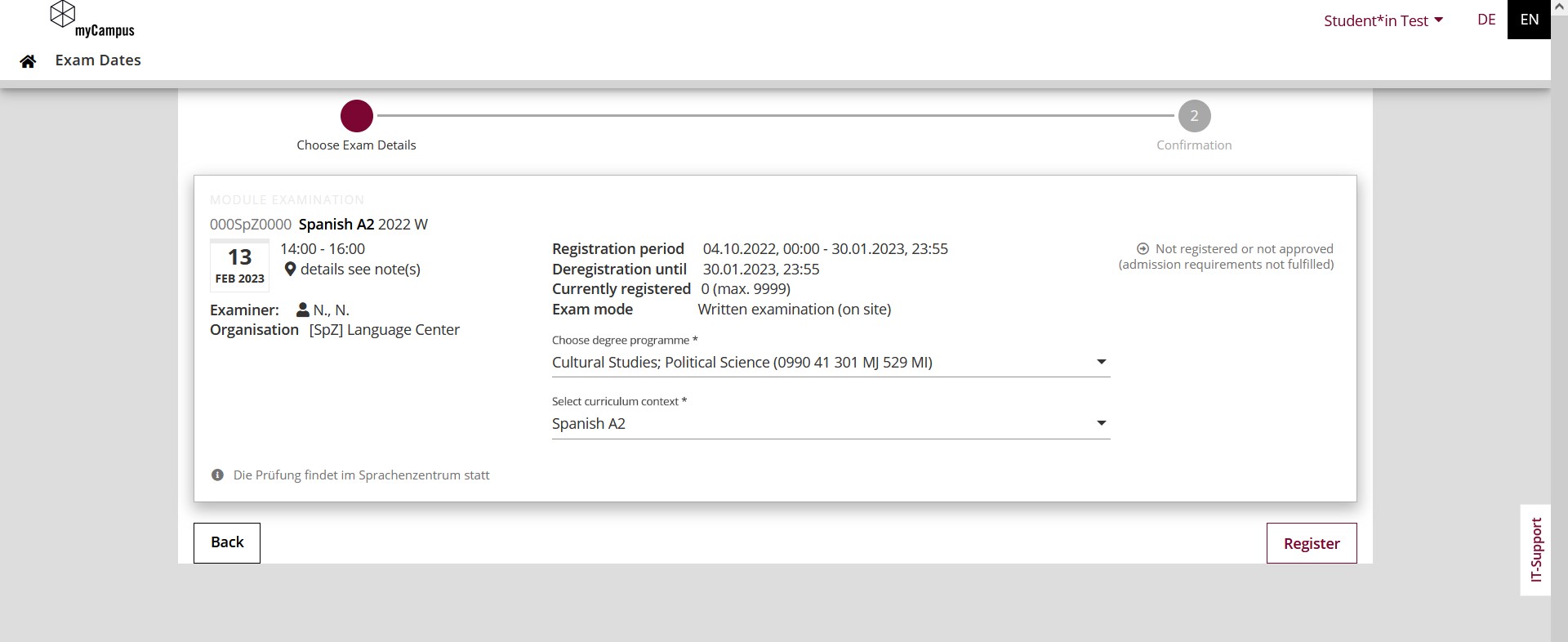 Registration for exam date