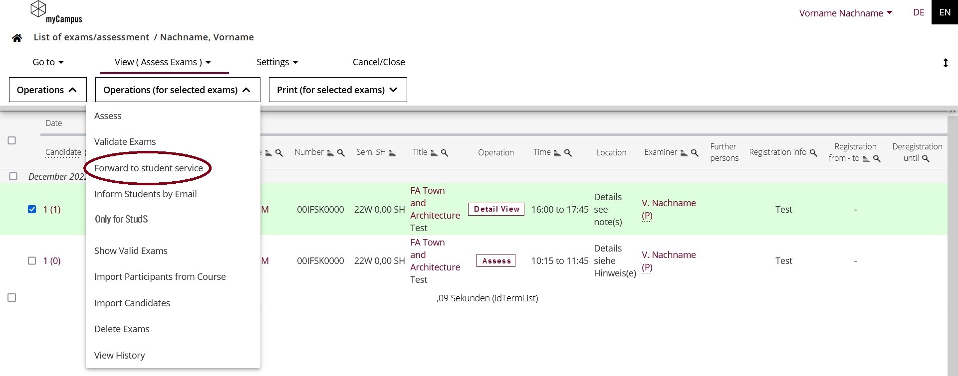 Submitting multiple exam dates simultaneously to the specialist department (list of exams/assessment)