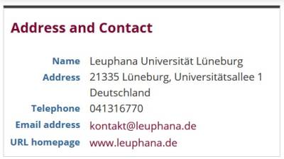 address and contact information of an organisation