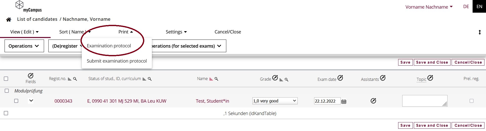 Printing the examination protocol (list of candidates)