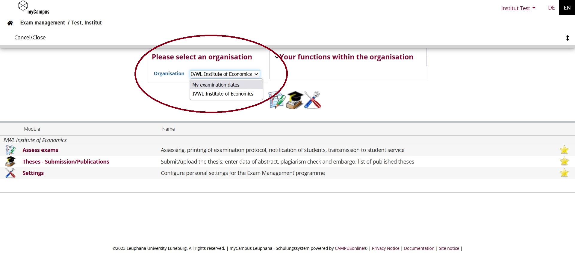 Exam administration organisation selection