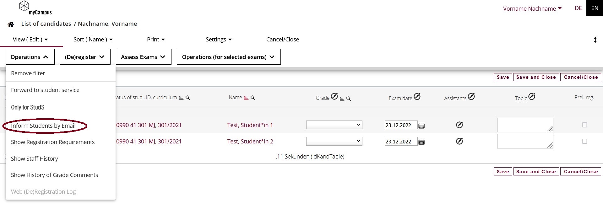 Notifying students of a particular assessment date