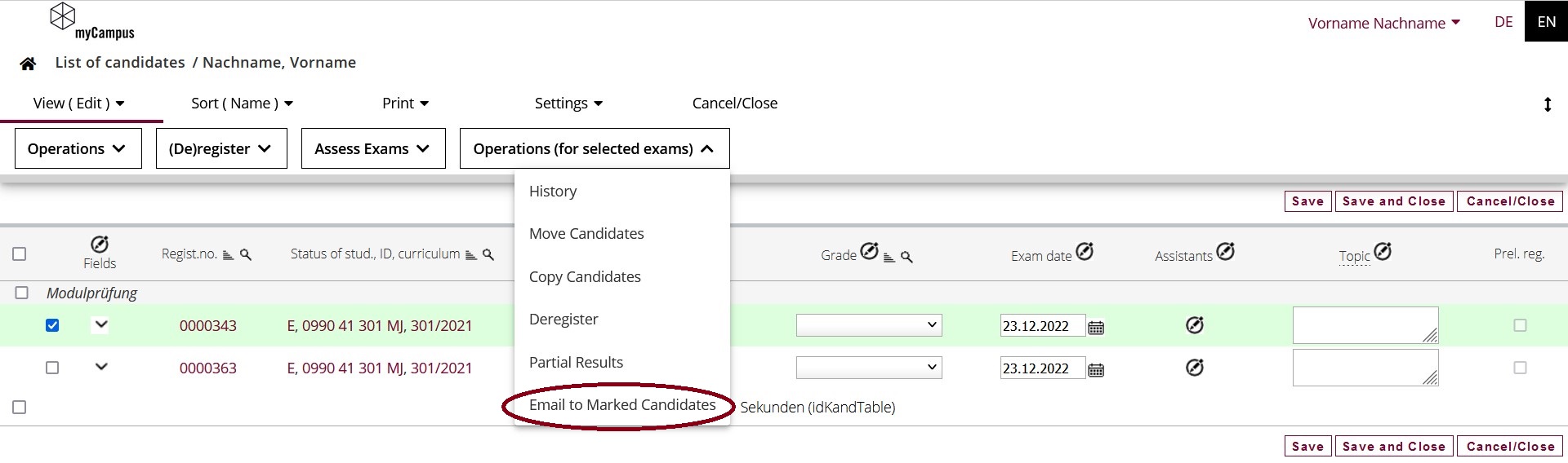 Notifying individual students of an assessment date