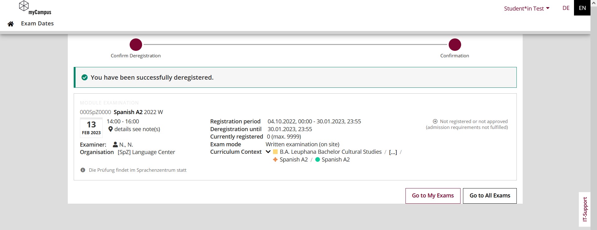 Confirmation of deregistration from exam date