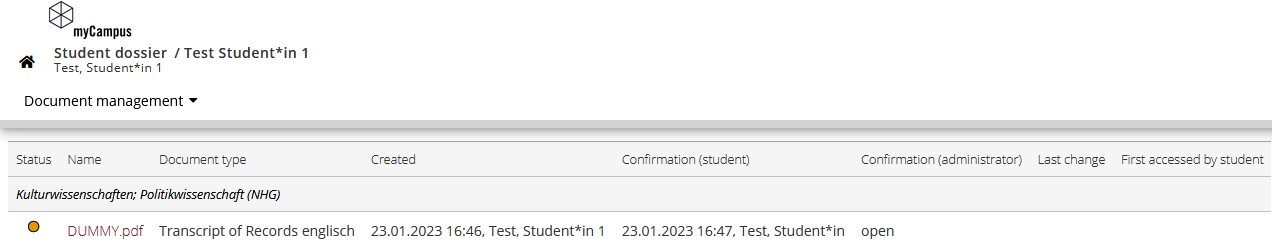 Student dossier document status