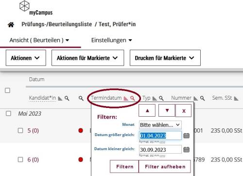 Filtern und Sortieren der Prüfungs-/Beurteilungsliste