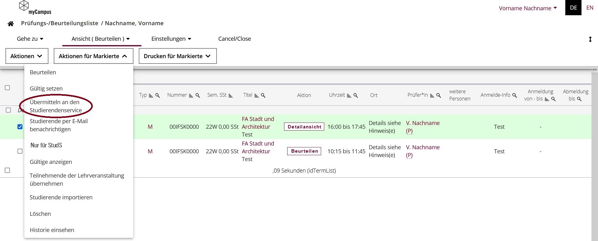 Mehrere Termine gleichzeitig an den Studierendenservice übermitteln (Prüfungs-/Beurteilungsliste)