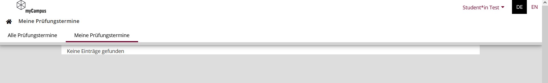 Meine Prüfungstermine - es liegen keine Anmeldungen vor