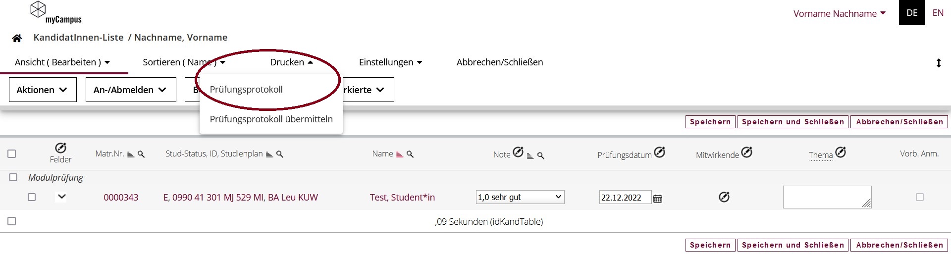 Prüfungsprotokoll drucken (Kandidat*innen-Liste)