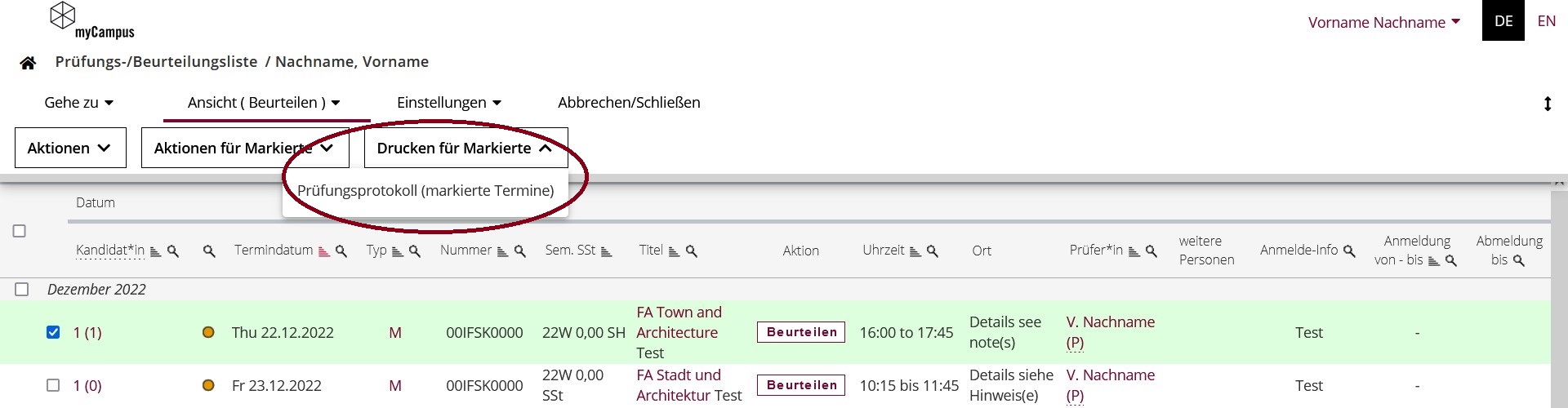 Prüfungsprotokoll für markierte Termine drucken (Prüfungs-/Beurteilungliste)