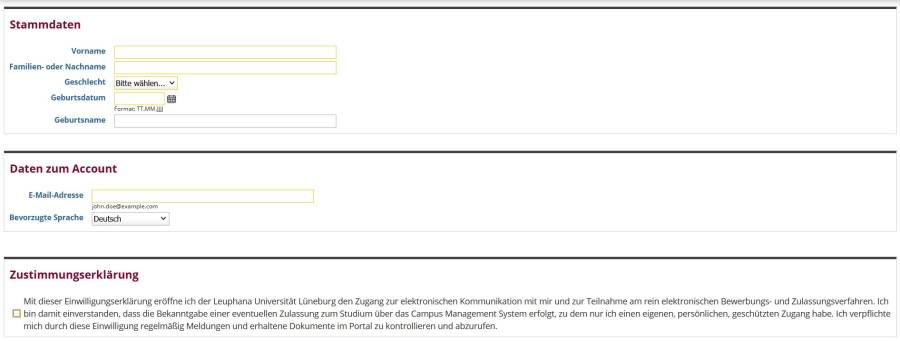 Erfassung der Stammdaten für die Registrierung