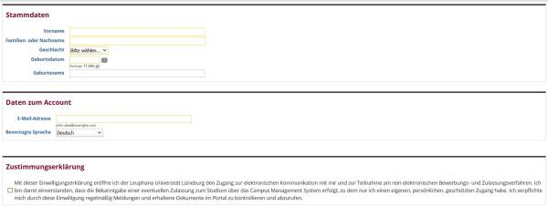 Erfassung der Stammdaten für die Registrierung