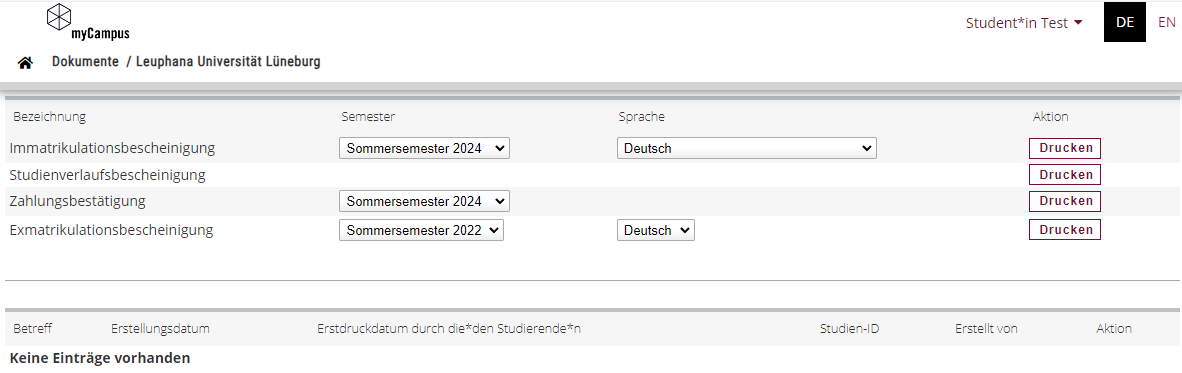 Studienbescheinigungen drucken