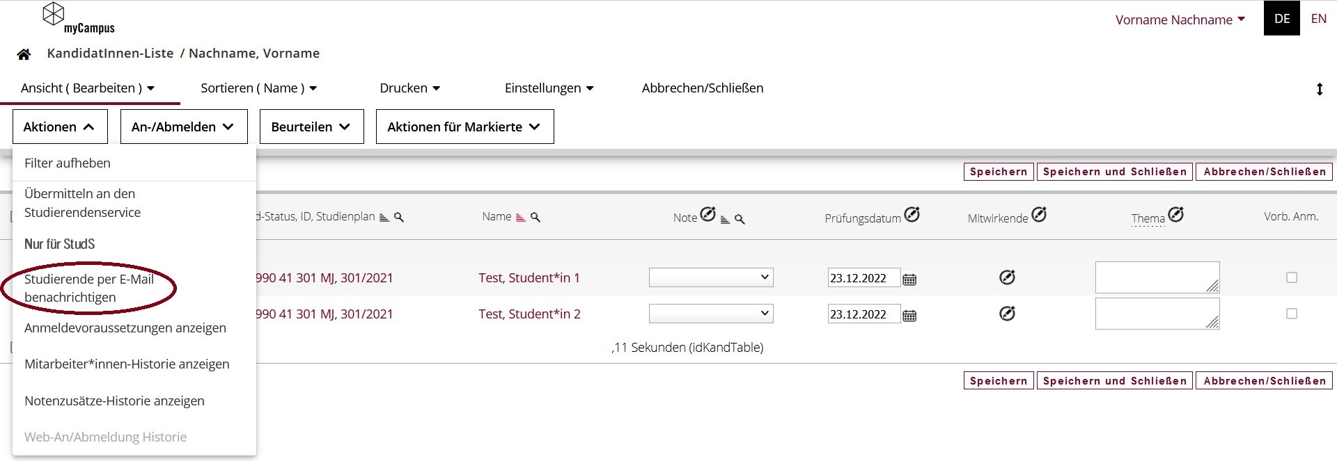 Studierende eines Prüfungstermins benachrichtigen