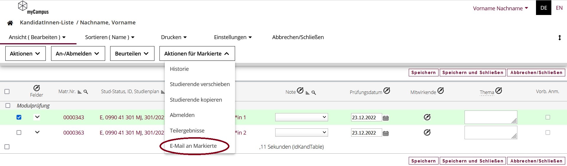 Einzelne Studierende eines Prüfungstermins benachrichtigen