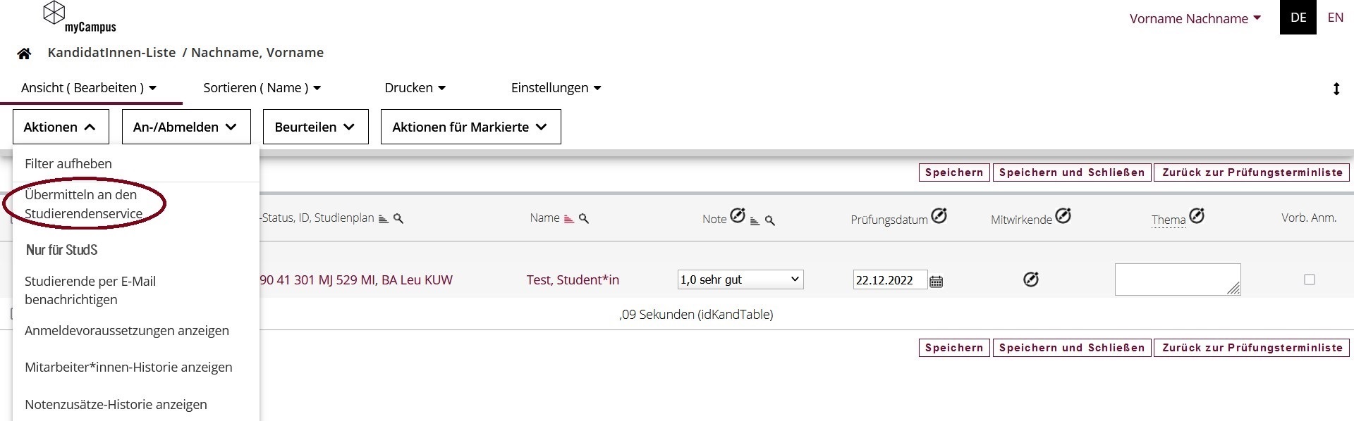 Übermittlung an den Studierendenservice (Kandidat*innen-Liste)