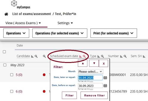 Filtering and sorting the examination/assessment list